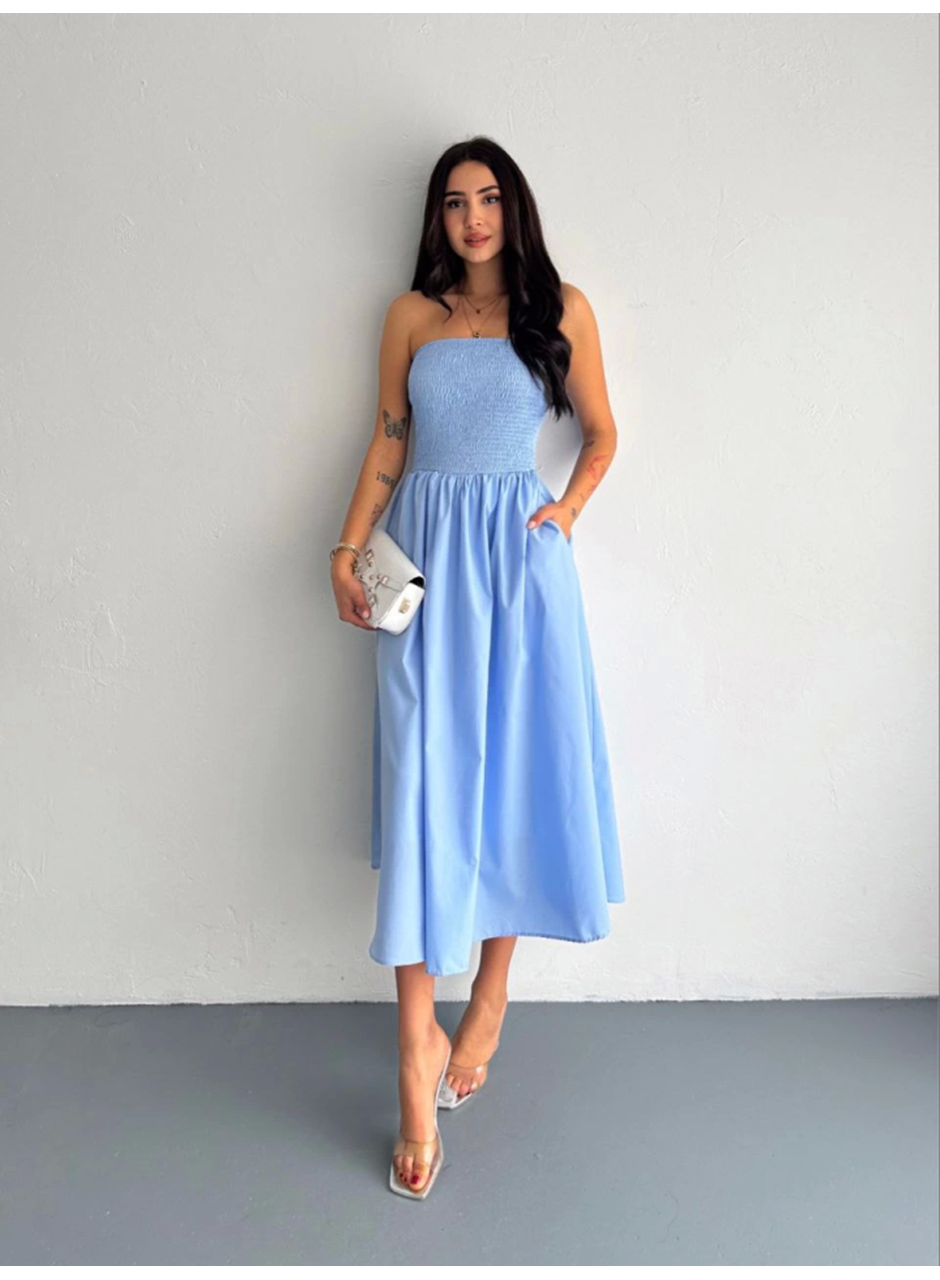 Straplez Pileli Elbise - Açık Mavi