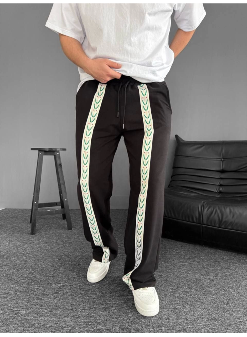 İki İplik Kumaş Şeritli Alt Esofman - Siyah