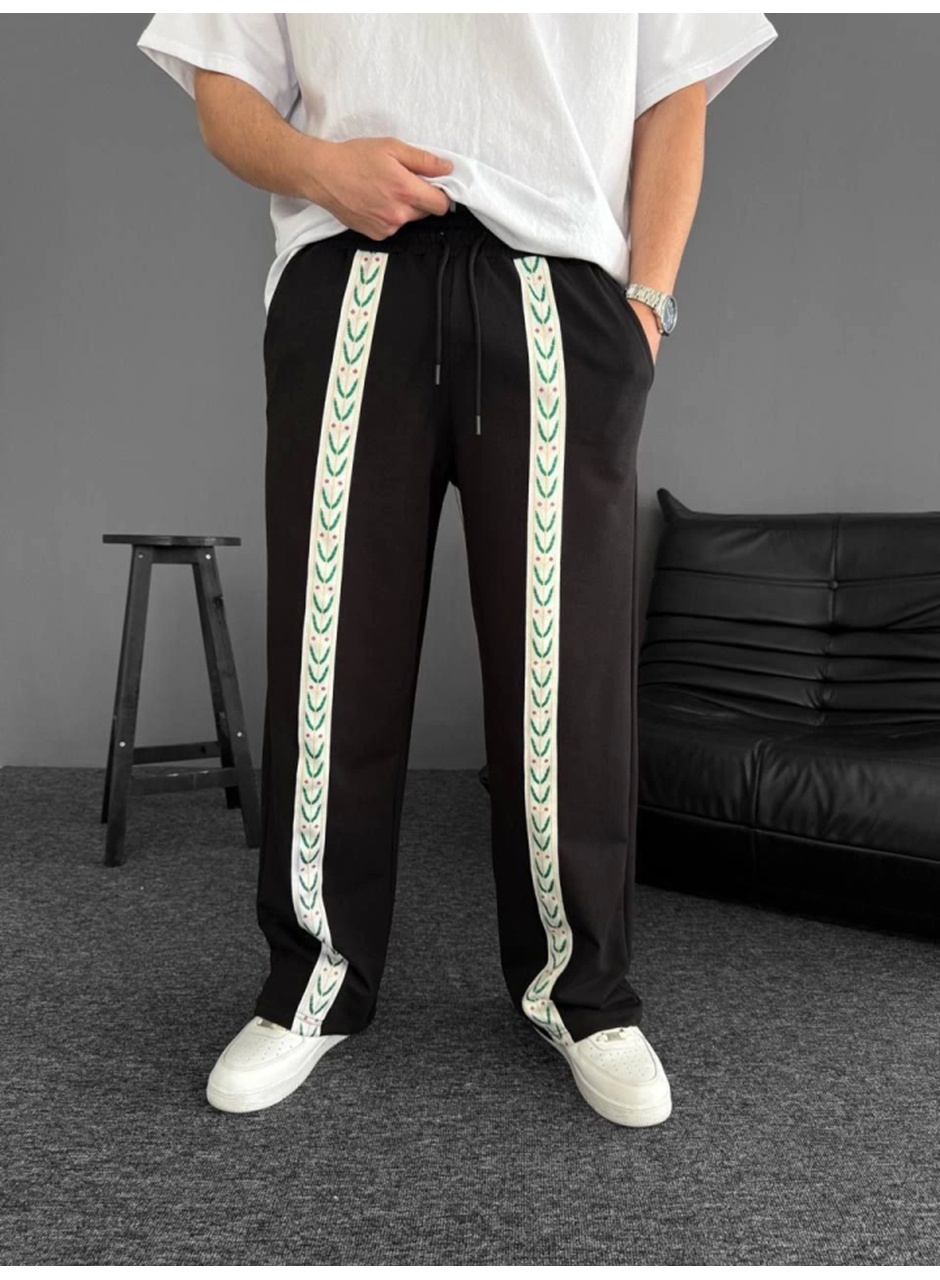 İki İplik Kumaş Şeritli Alt Esofman - Siyah