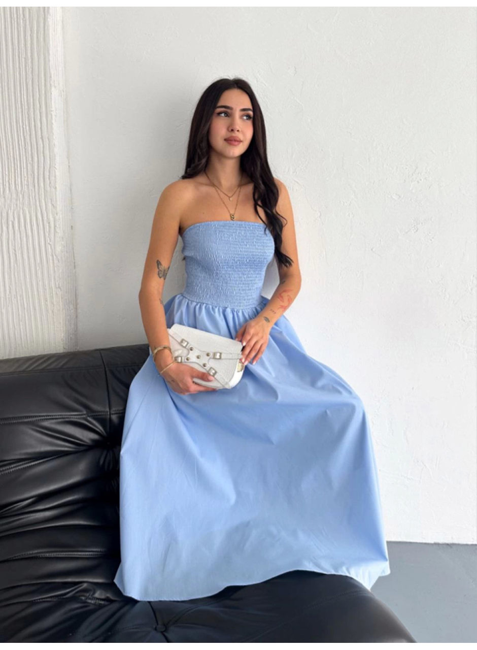 Straplez Pileli Elbise - Açık Mavi