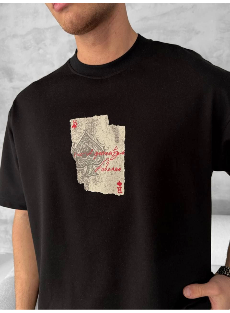 Ön Ve Arka Baskılı Oversize Bisiklet Yaka T-shirt - Siyah