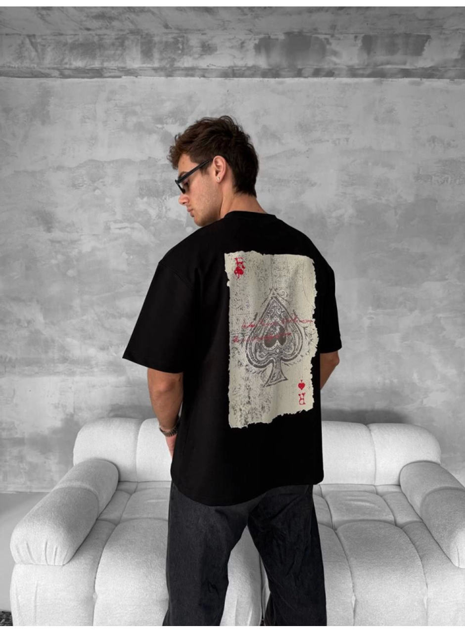 Ön Ve Arka Baskılı Oversize Bisiklet Yaka T-shirt - Siyah