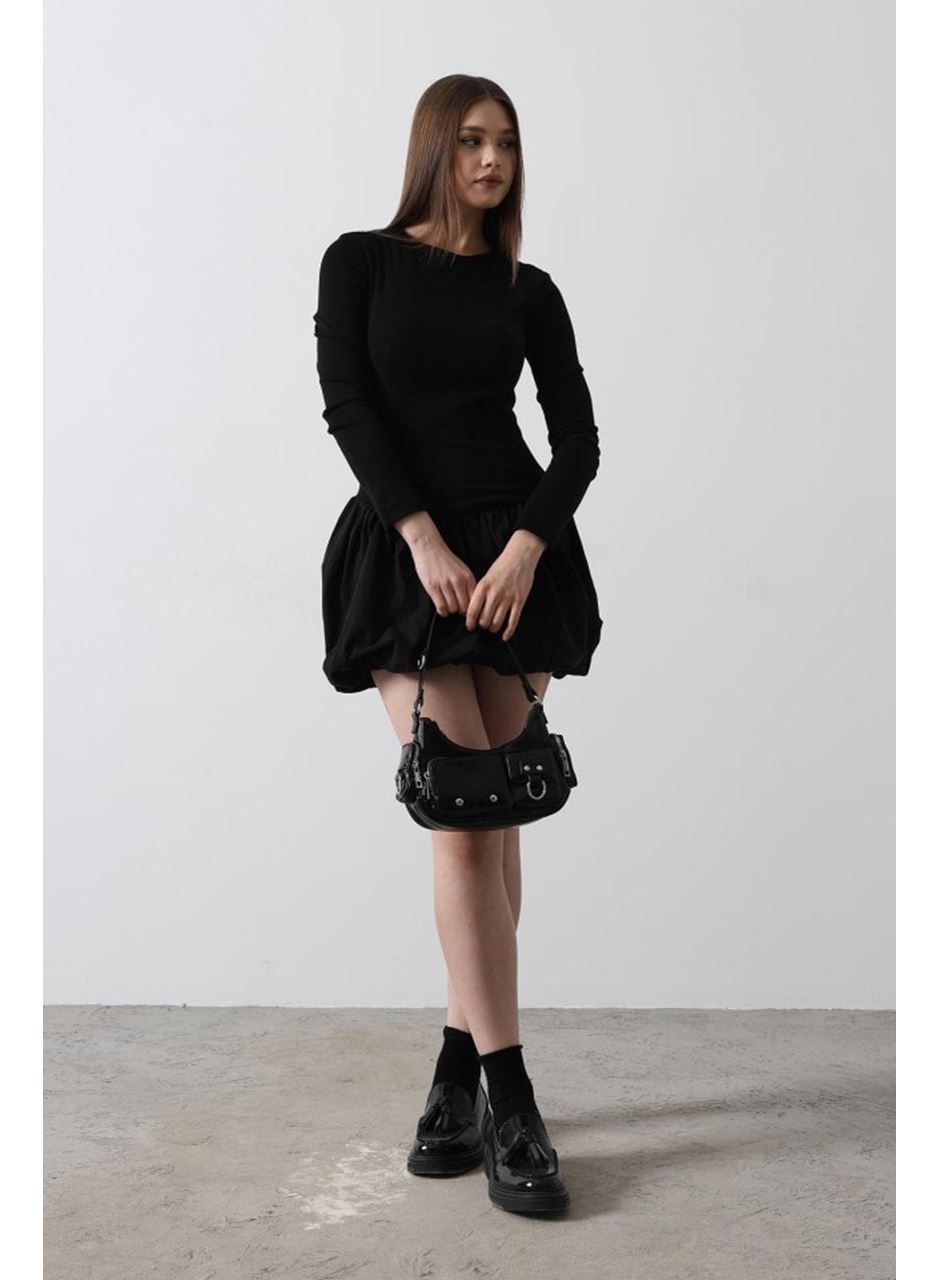 Balon Etekli Elbise - Siyah