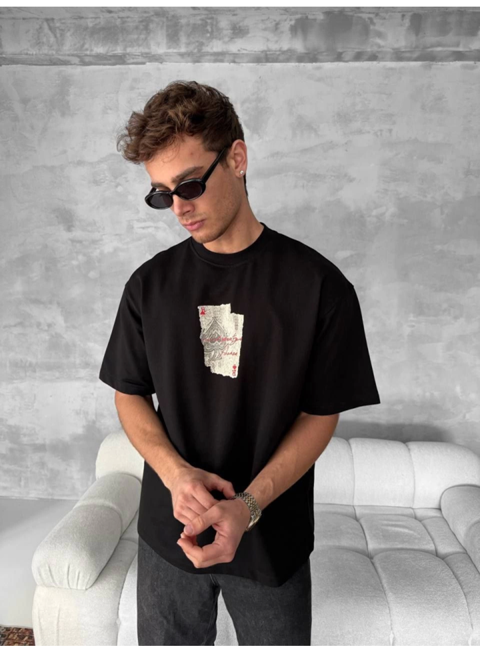 Ön Ve Arka Baskılı Oversize Bisiklet Yaka T-shirt - Siyah