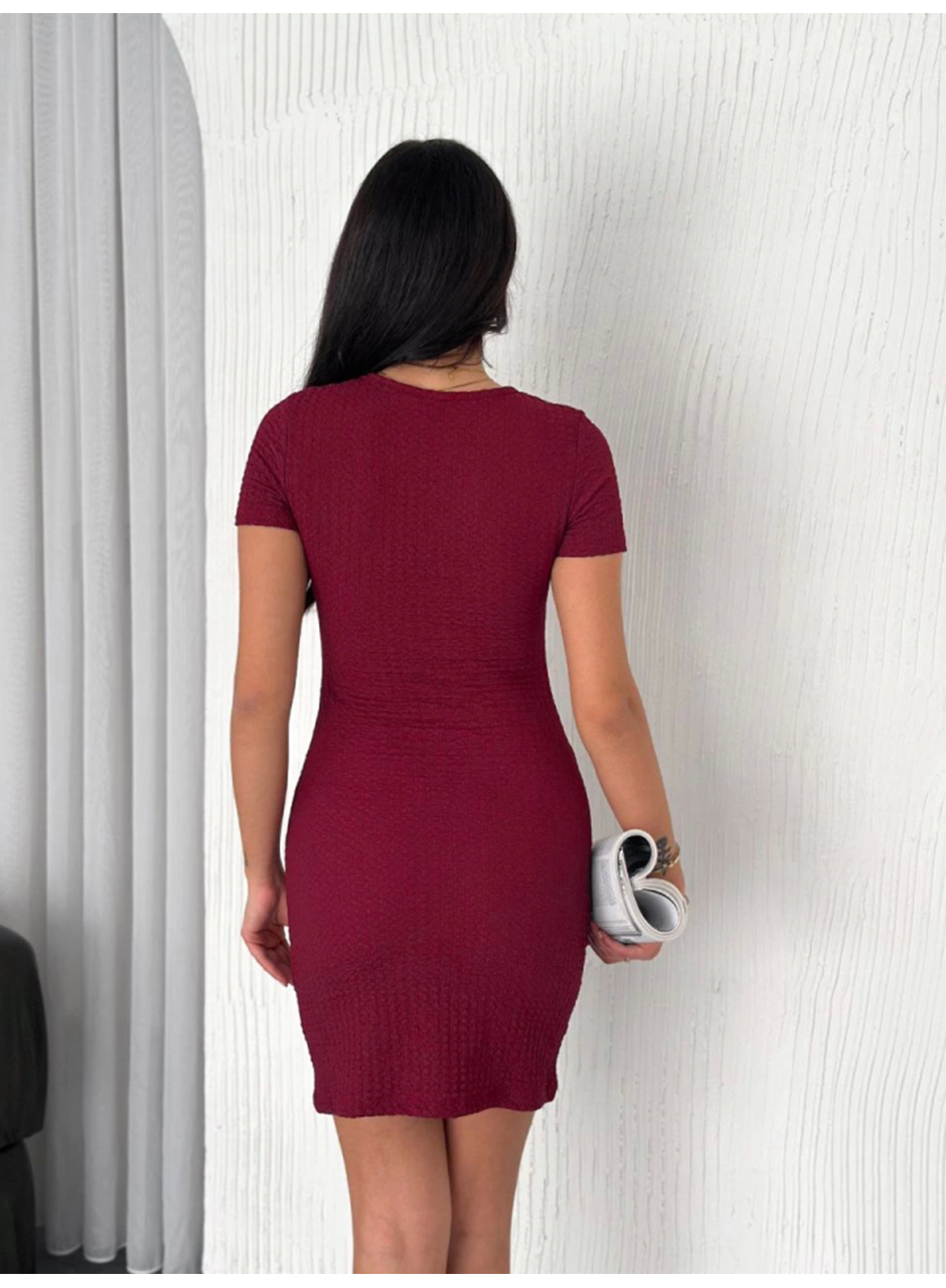 Bisiklet Yaka Kısa Kol Likralı Elbise - Bordo