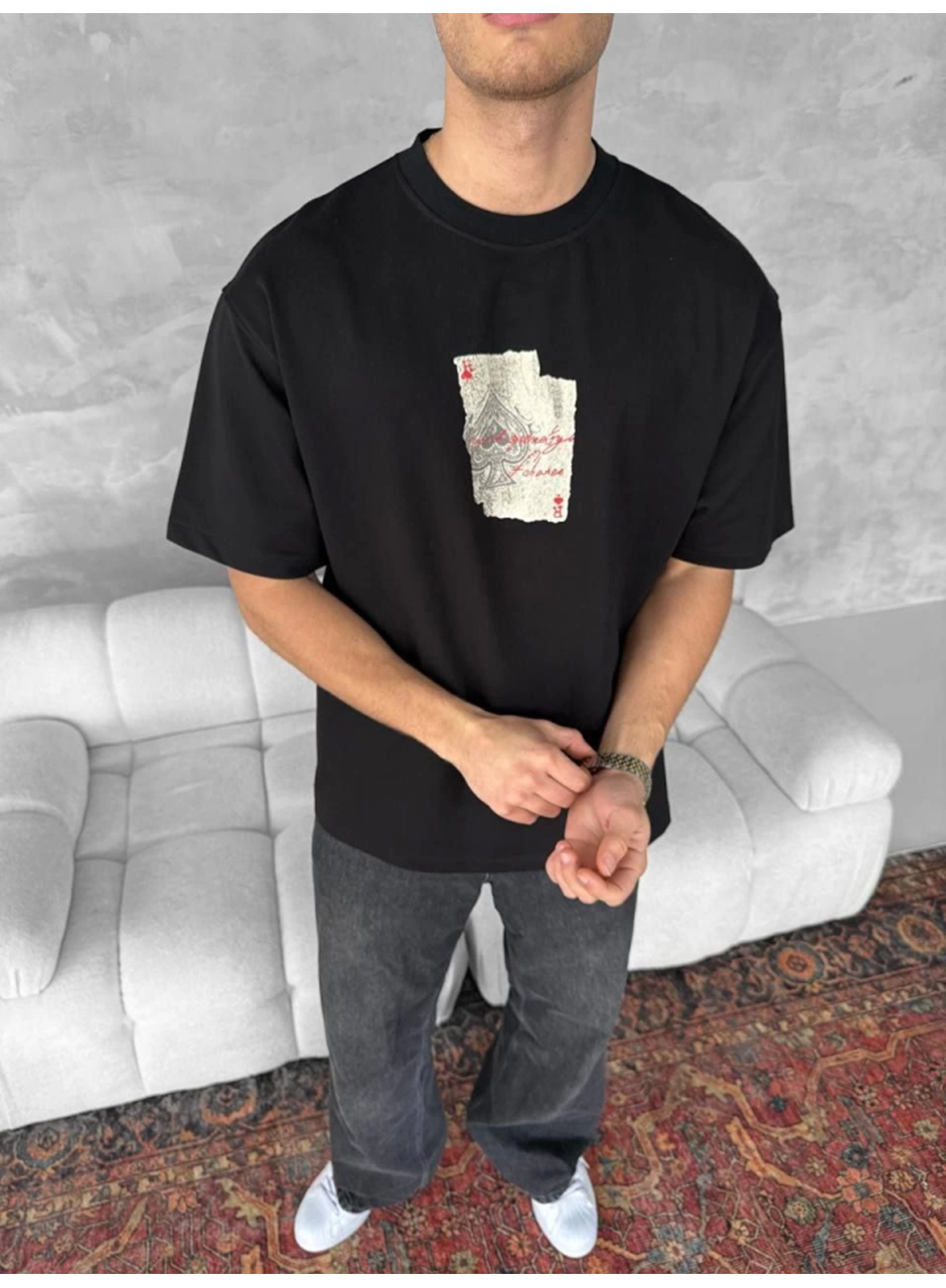 Ön Ve Arka Baskılı Oversize Bisiklet Yaka T-shirt - Siyah