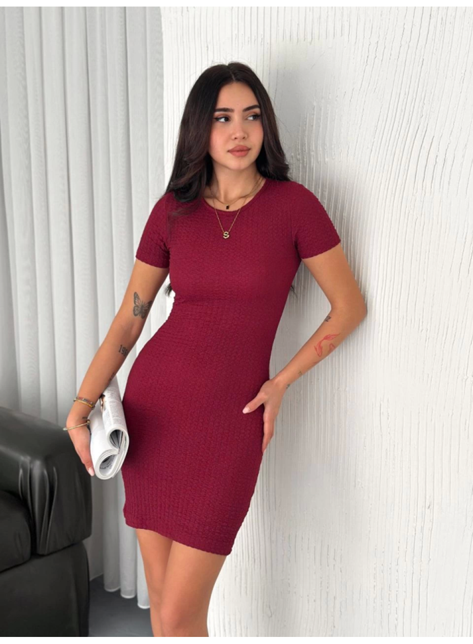 Bisiklet Yaka Kısa Kol Likralı Elbise - Bordo