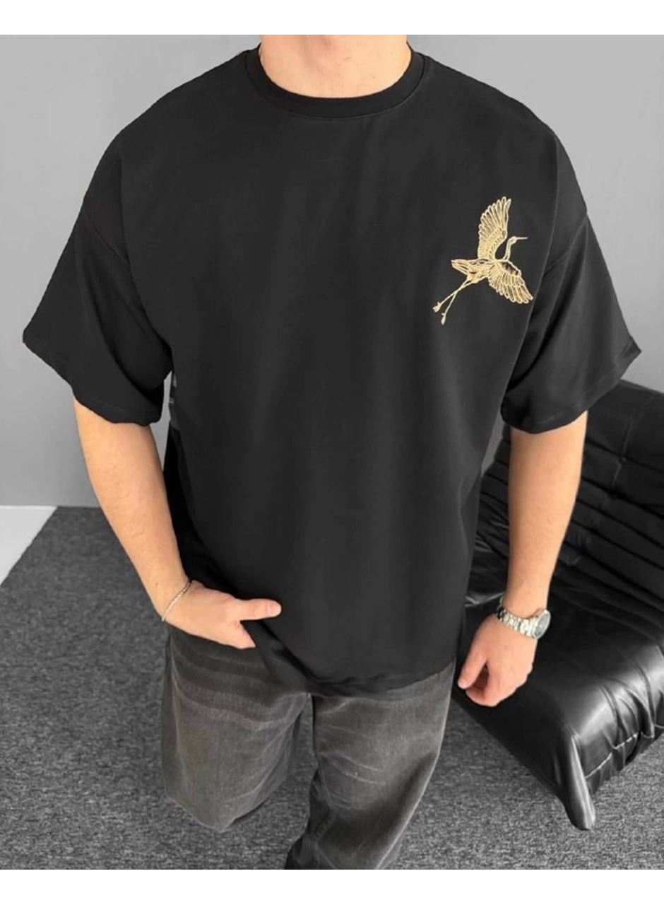 Ön Ve Arka Baskılı Oversize Bisiklet Yaka T-shirt - Siyah