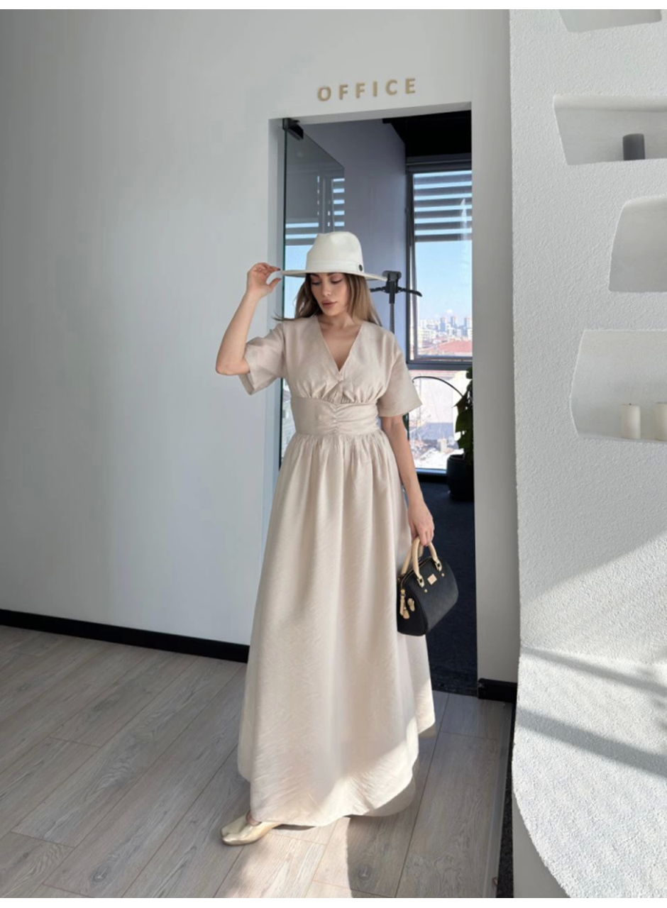 Kısa Kollu Uzun Elbise - Kırık Beyaz