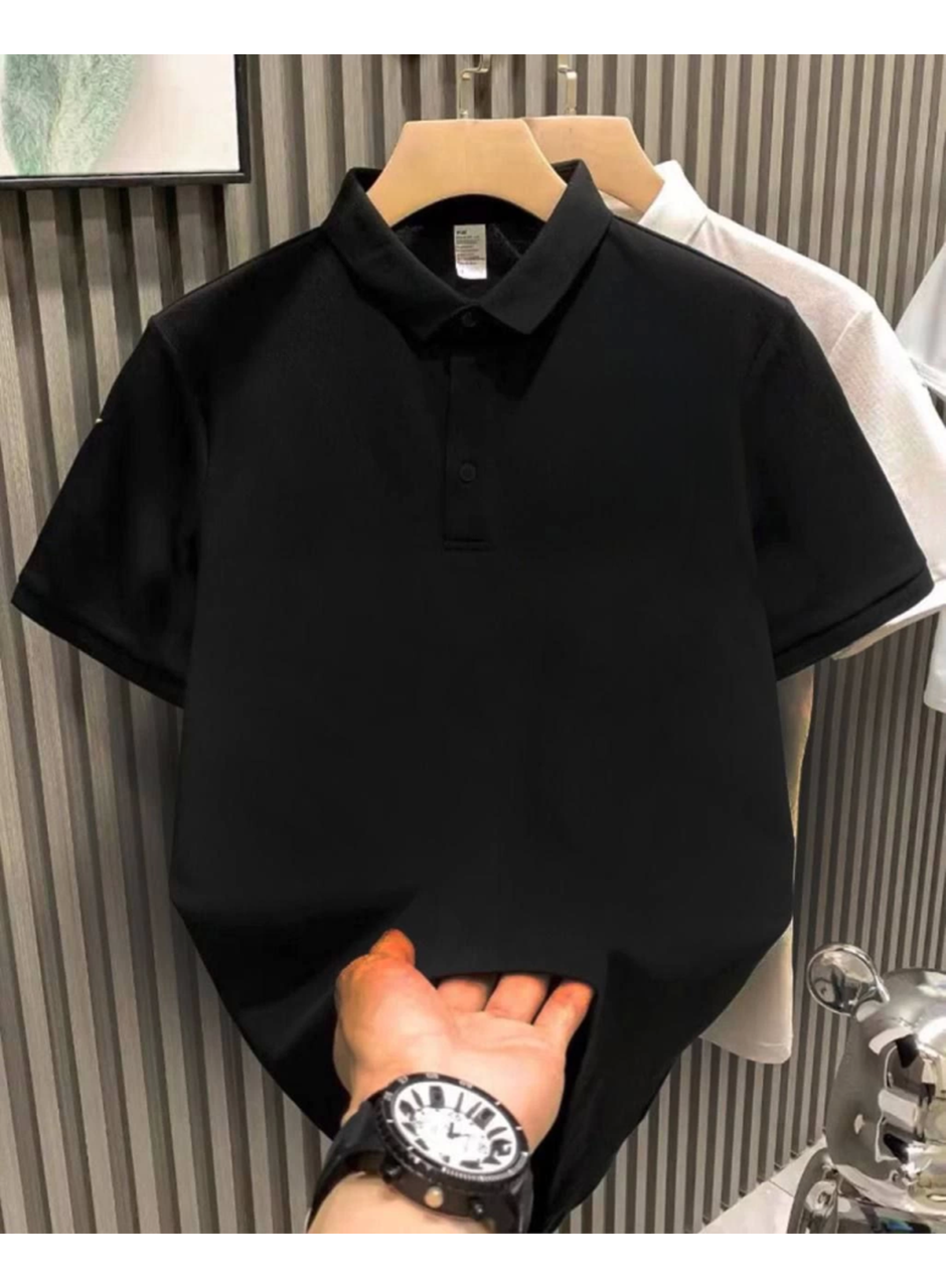 Yakası Düğmeli Yakalı Pike Düz T-Shirt - Siyah