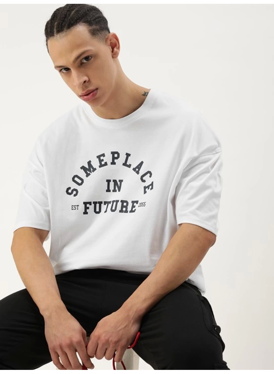 Erkek Baskılı Oversize T-shirt - Beyaz