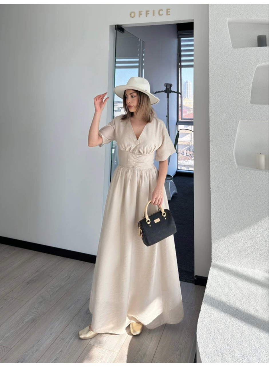 Kısa Kollu Uzun Elbise - Kırık Beyaz