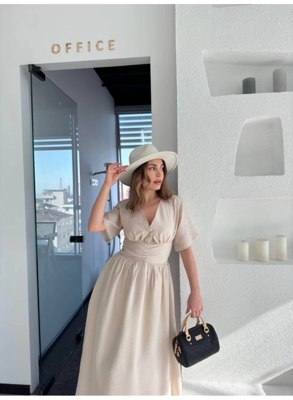 Kısa Kollu Uzun Elbise - Kırık Beyaz