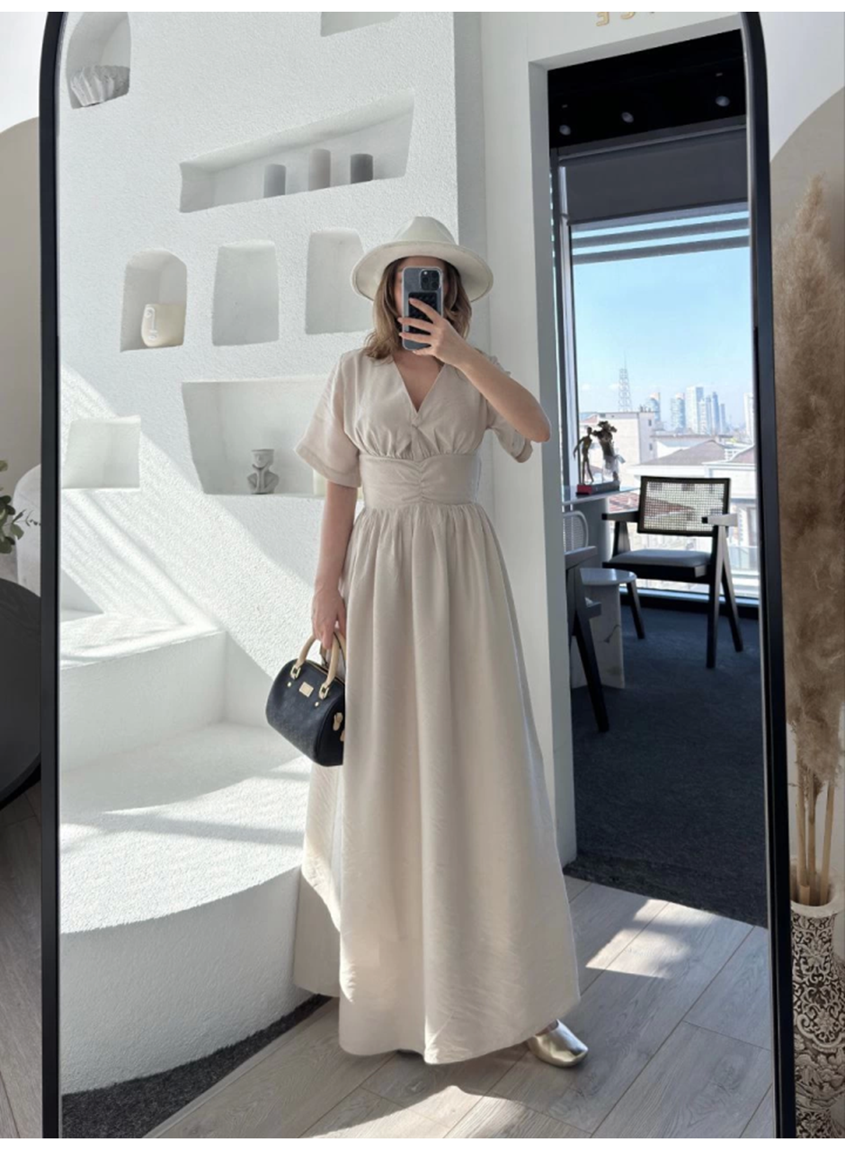 Kısa Kollu Uzun Elbise - Kırık Beyaz