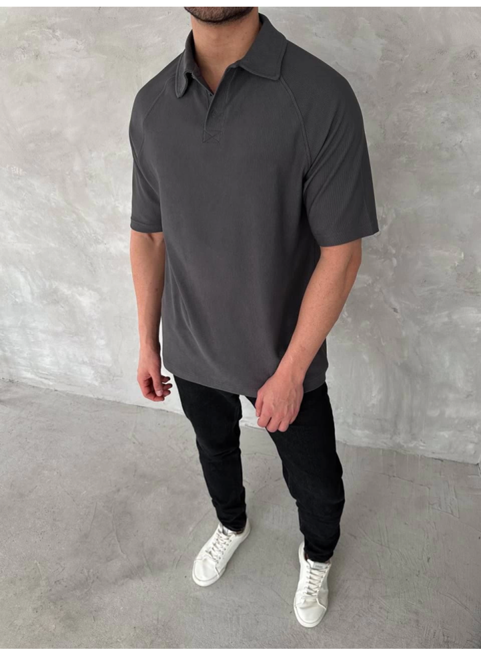 Yakalı Patlı Kısa Kol T-shirt - Antrasit