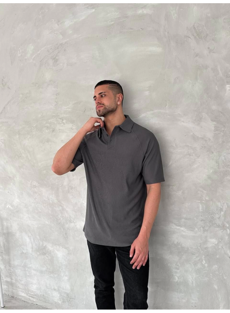 Yakalı Patlı Kısa Kol T-shirt - Antrasit