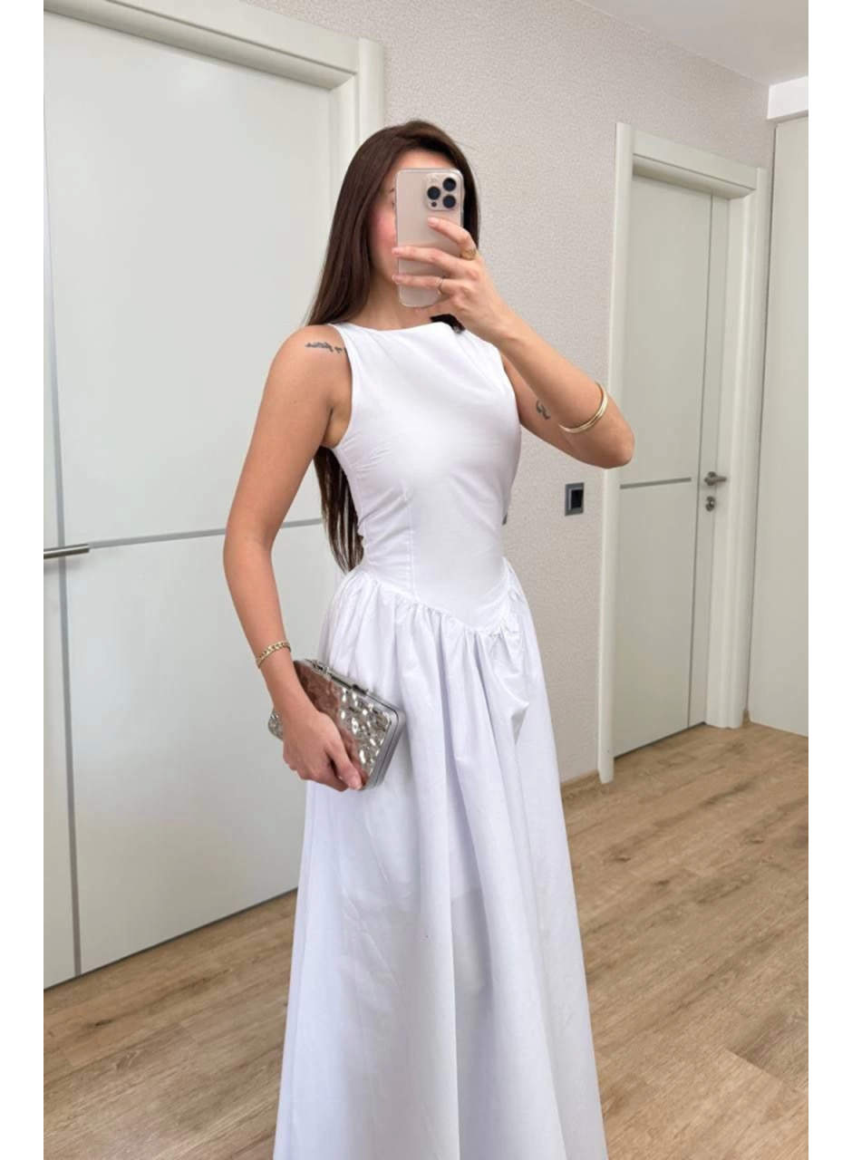 Sifir Kol Beli Oturtmalı Kolsuz Uzun Elbise - Beyaz