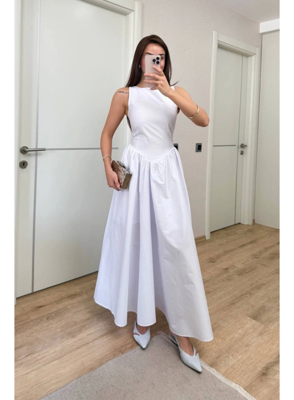 Sifir Kol Beli Oturtmalı Kolsuz Uzun Elbise - Beyaz