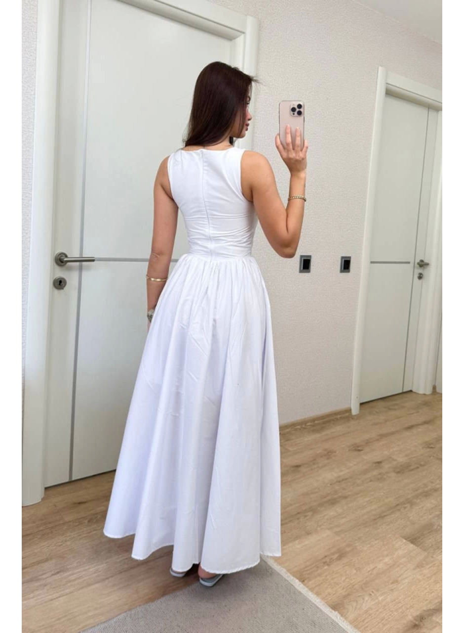 Sifir Kol Beli Oturtmalı Kolsuz Uzun Elbise - Beyaz