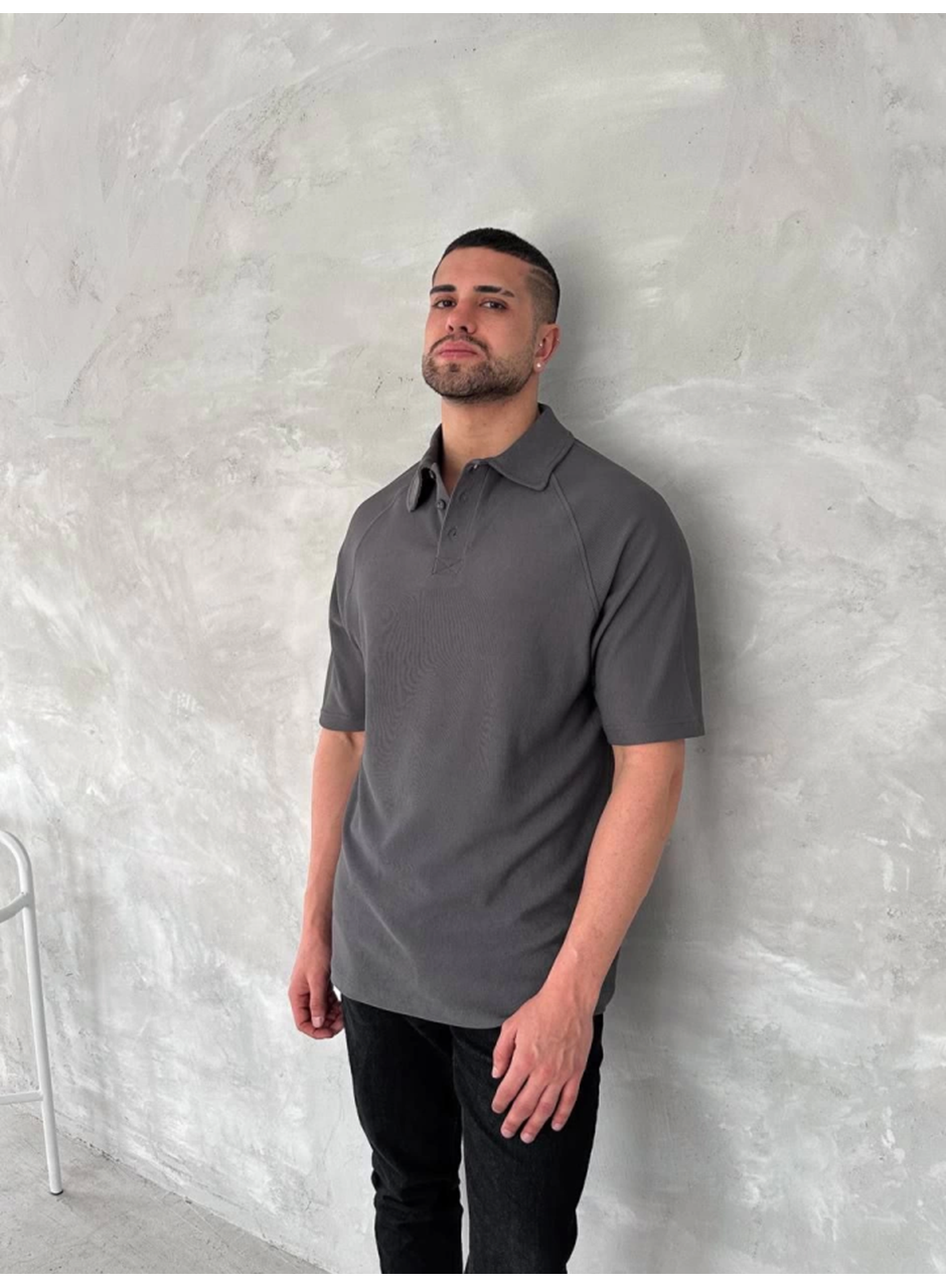 Yakalı Patlı Kısa Kol T-shirt - Antrasit