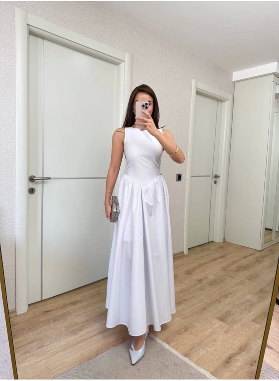 Sifir Kol Beli Oturtmalı Kolsuz Uzun Elbise - Beyaz