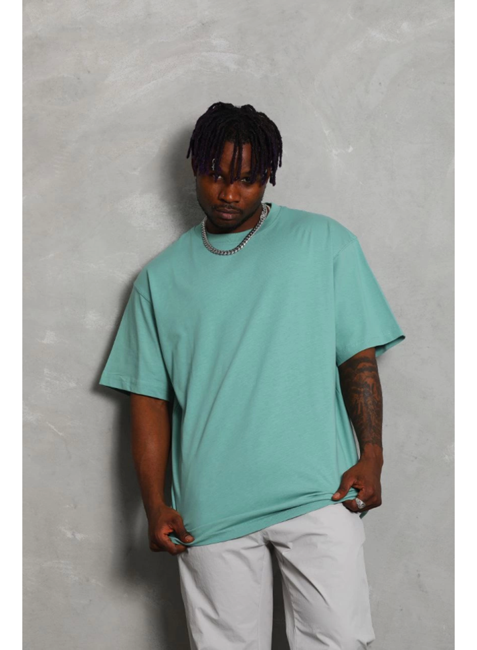 Unisex Oversize Düz Bisiklet Yaka T-Shirt - Mint Yeşili