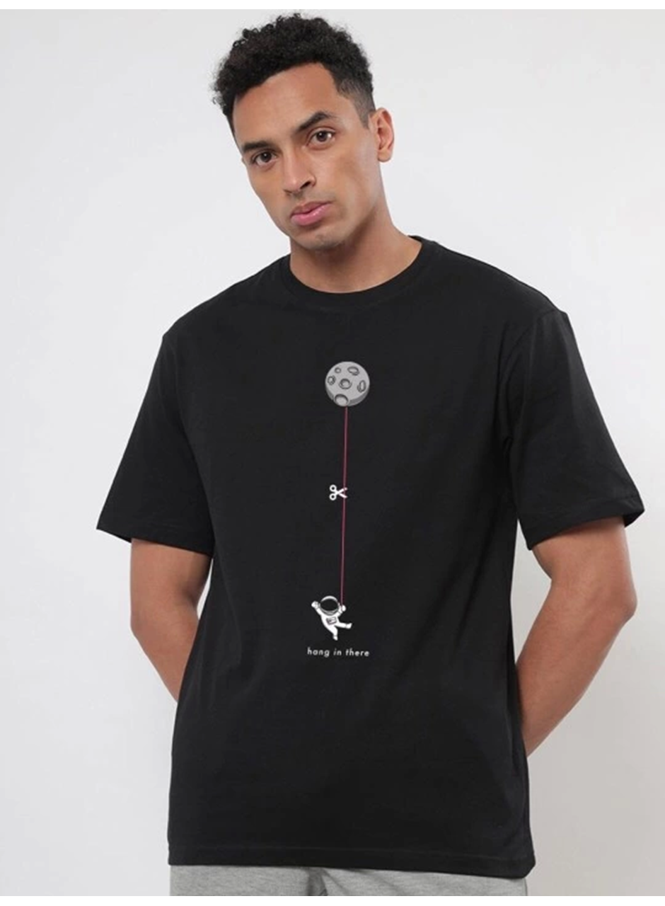 Erkek Baskılı Oversize T-shirt - Siyah