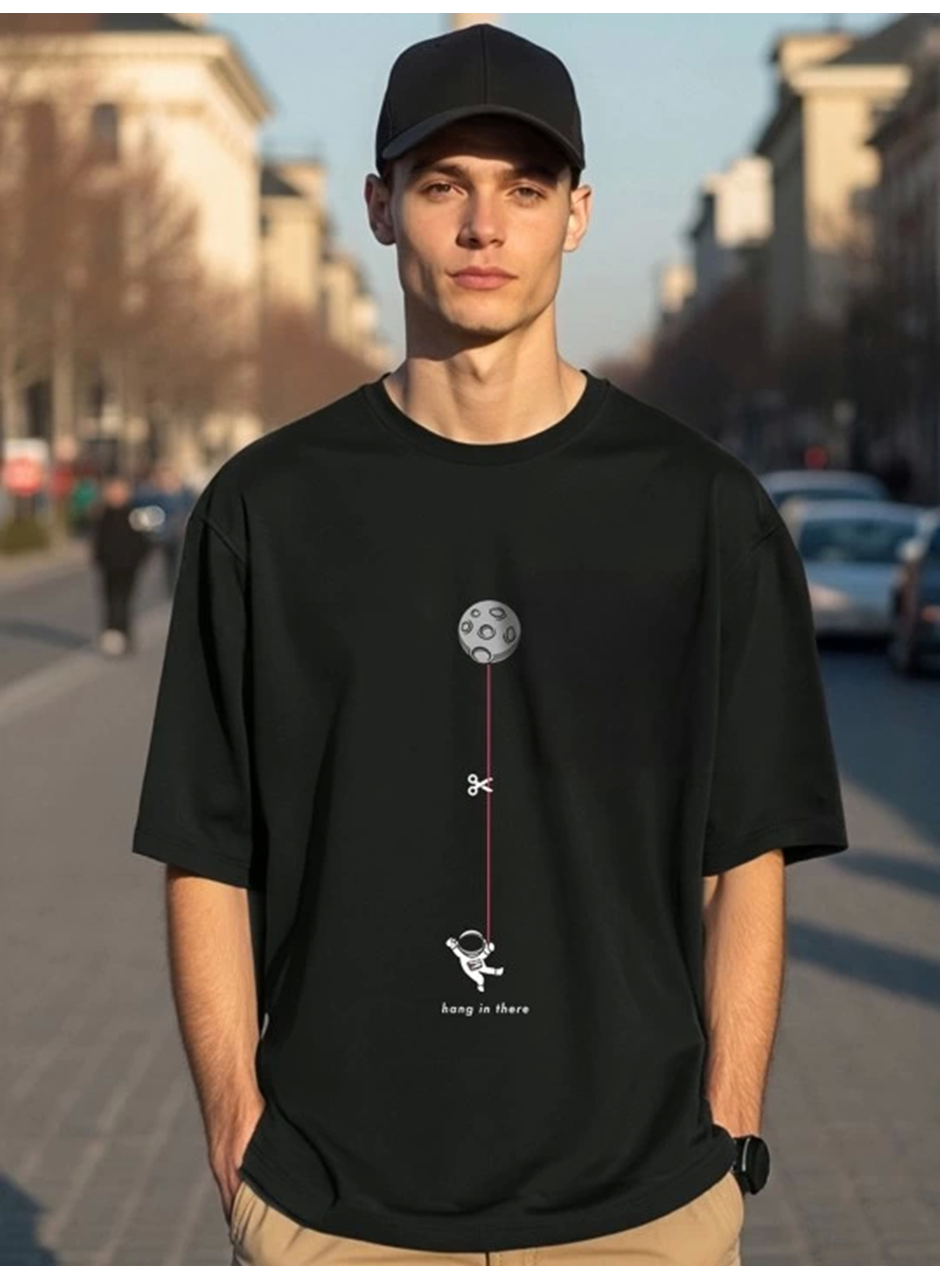 Erkek Baskılı Oversize T-shirt - Siyah