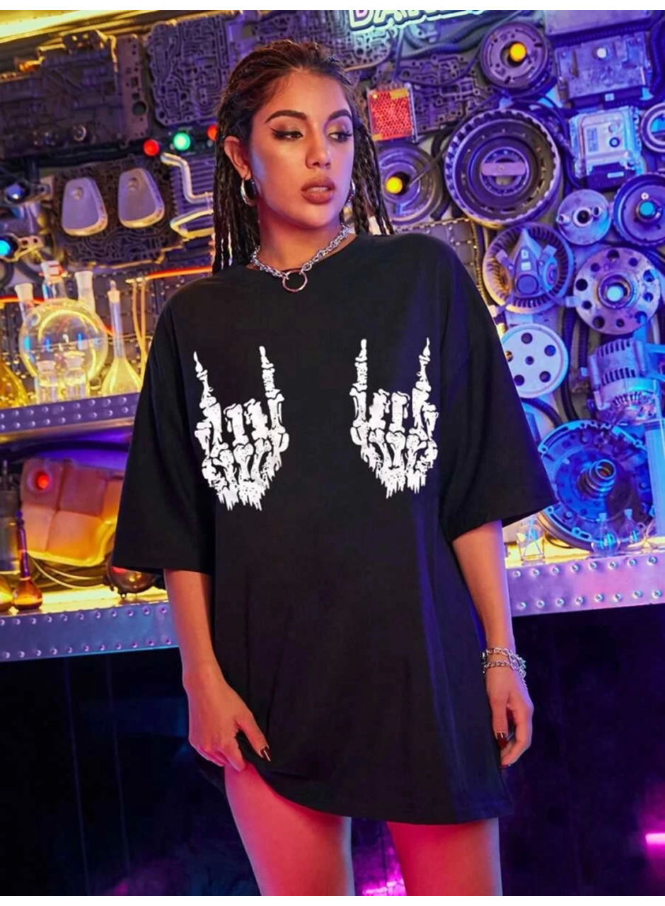 Baskılı Oversize T-shirt - Siyah