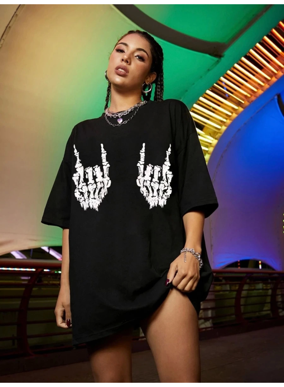 Baskılı Oversize T-shirt - Siyah