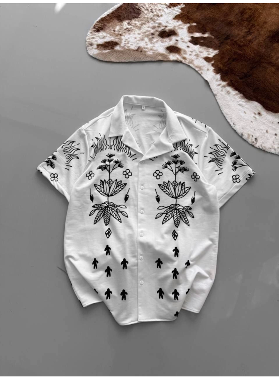 İki İplik Kumaş Baskılı Gömlek - Beyaz