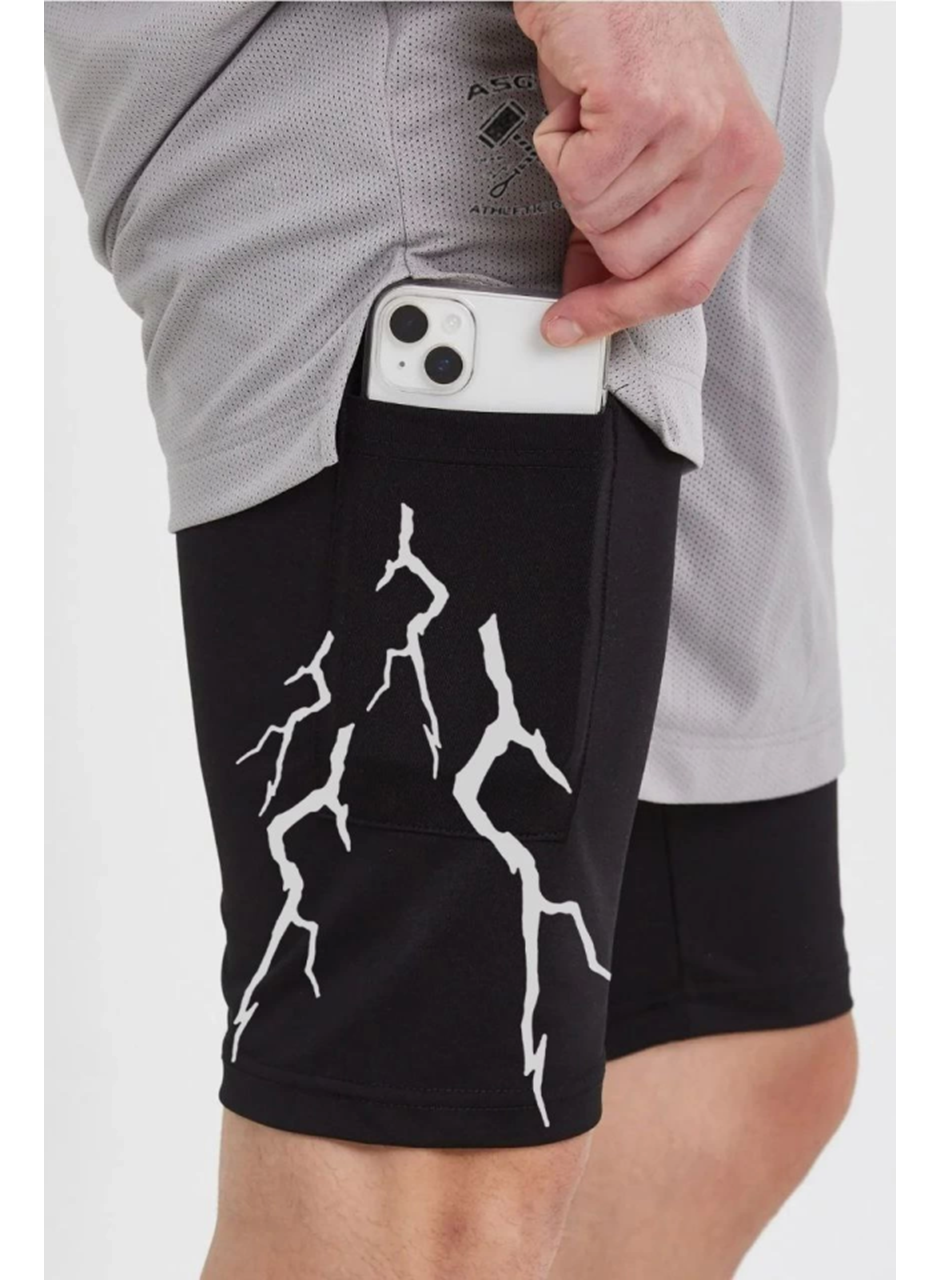 Unisex Baskılı İç Cepli Sporcu Alt Taytlı Şort - Gri
