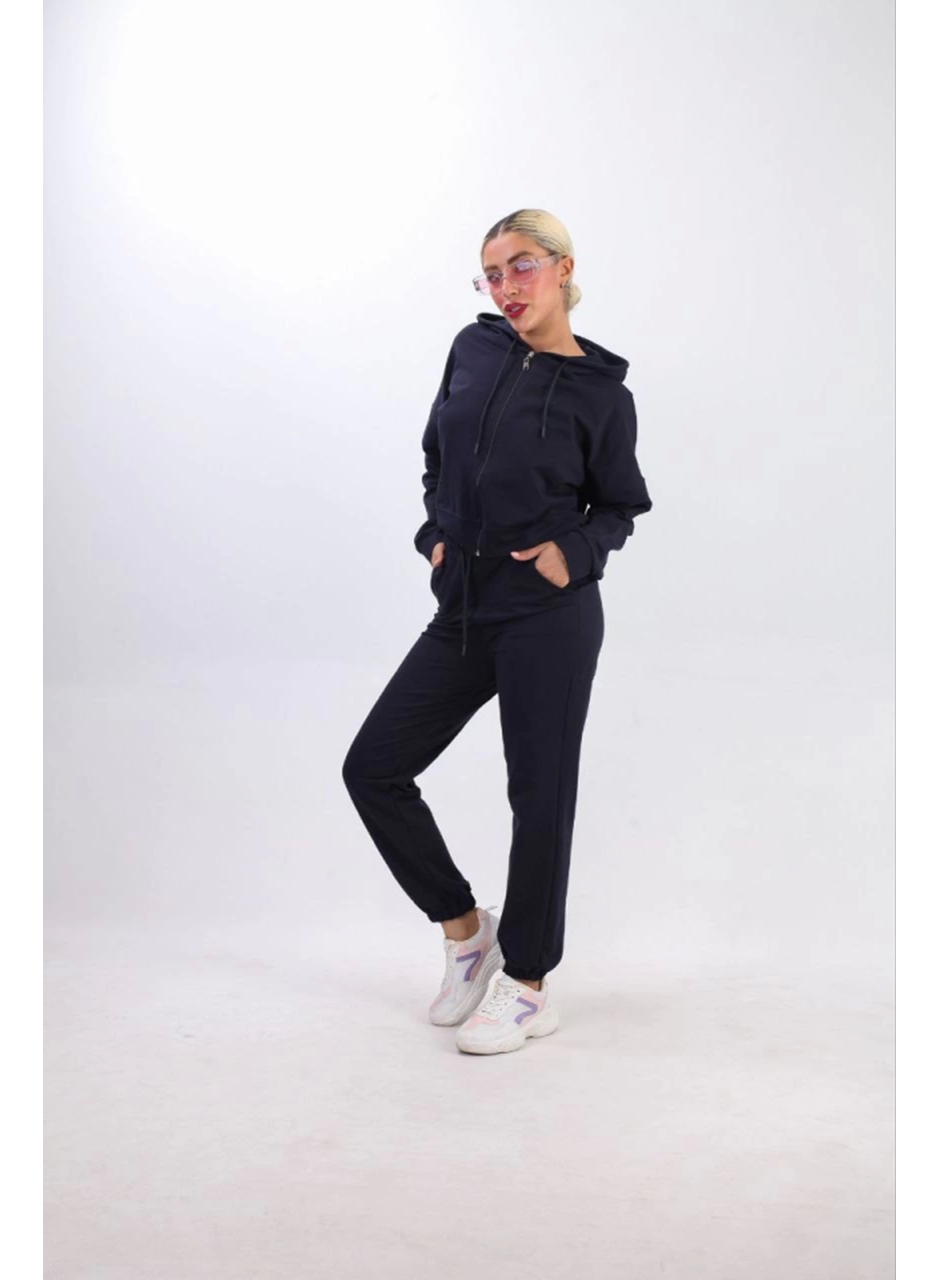 Iki Iplik Kapüşonlu Fermuarlı Crop Oversize Hırka Takım- Lacivert