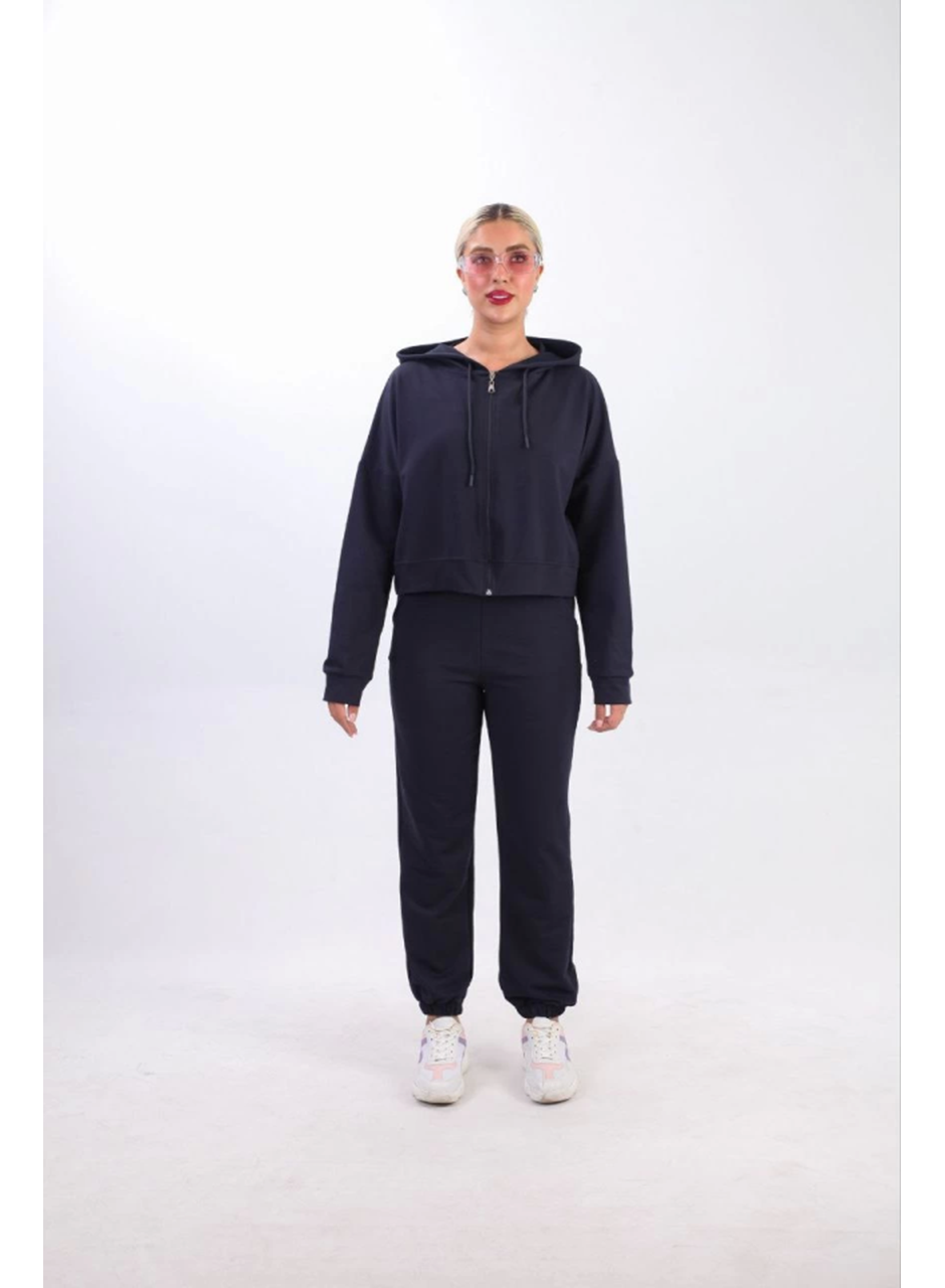 Iki Iplik Kapüşonlu Fermuarlı Crop Oversize Hırka Takım- Lacivert
