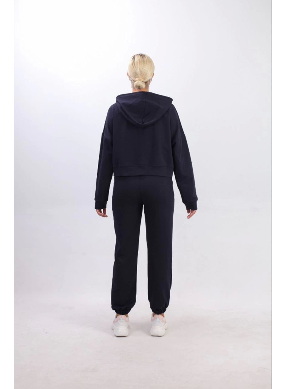 Iki Iplik Kapüşonlu Fermuarlı Crop Oversize Hırka Takım- Lacivert