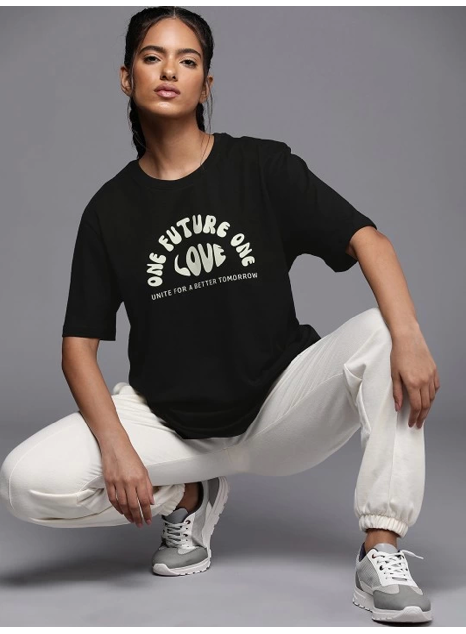 Baskılı Oversize T-shirt - Siyah