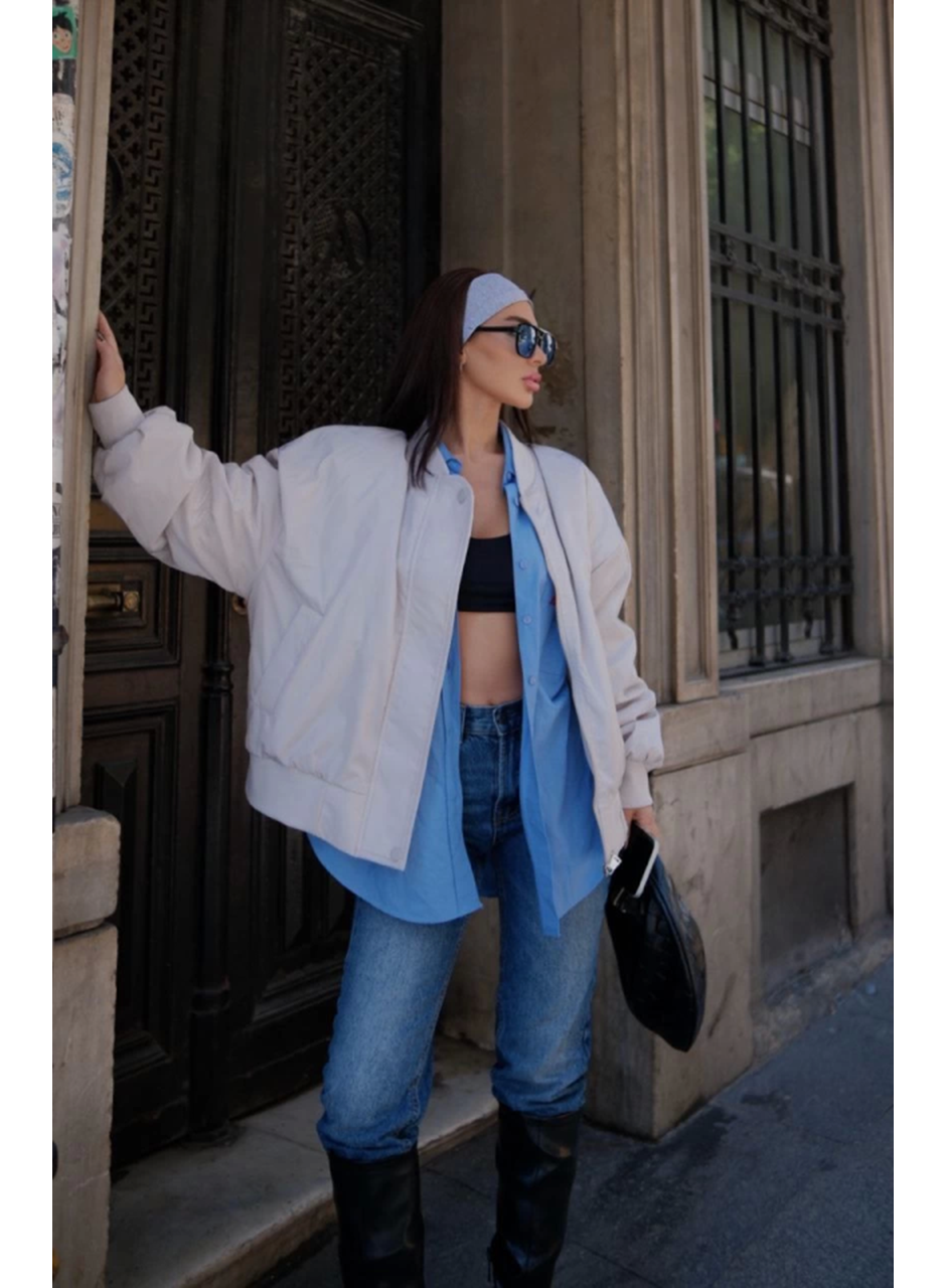 Cepli Bomber Ceket Mont - Beyaz