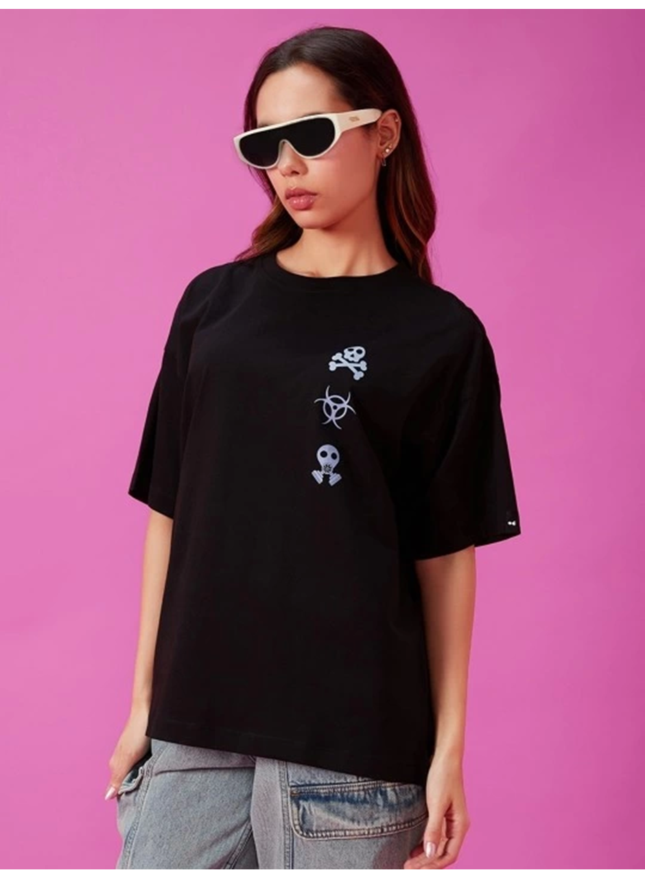 Baskılı Oversize T-shirt - Siyah