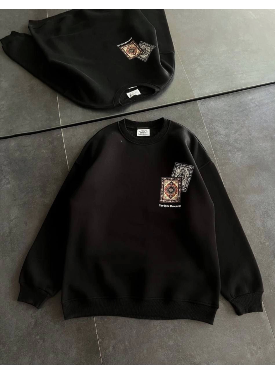 Bisiklet Yaka Baskılı SweatShirt - Siyah