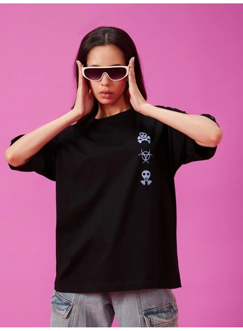 Baskılı Oversize T-shirt - Siyah