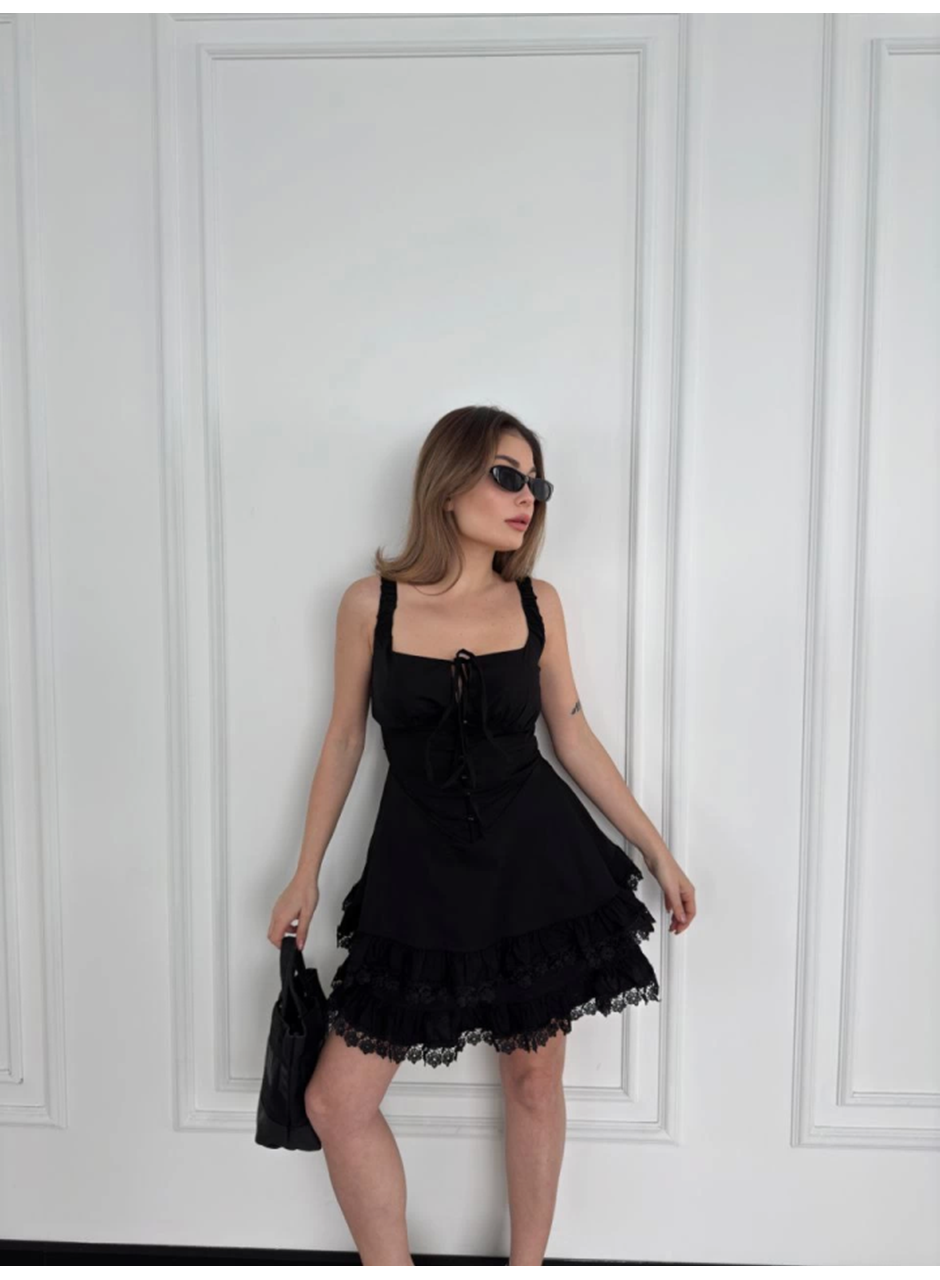 Mini Askılı Elbise - Siyah