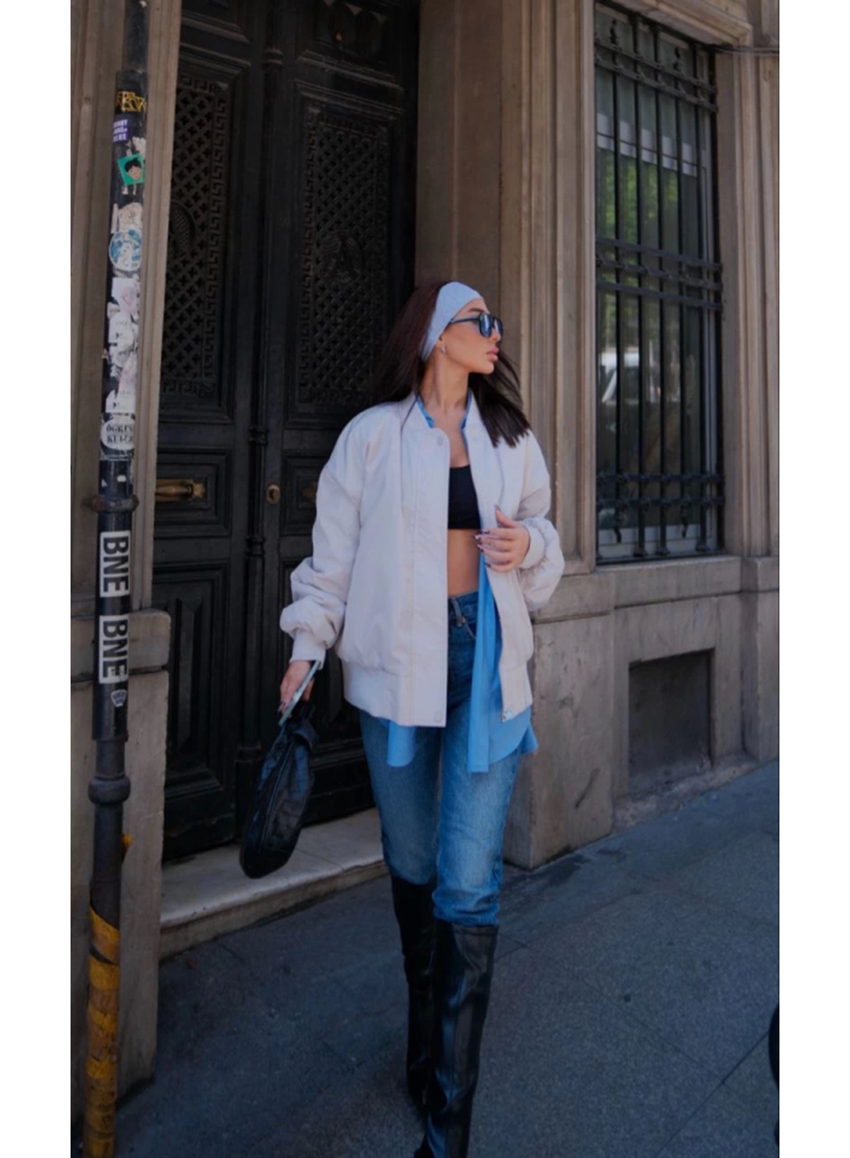 Cepli Bomber Ceket Mont - Beyaz