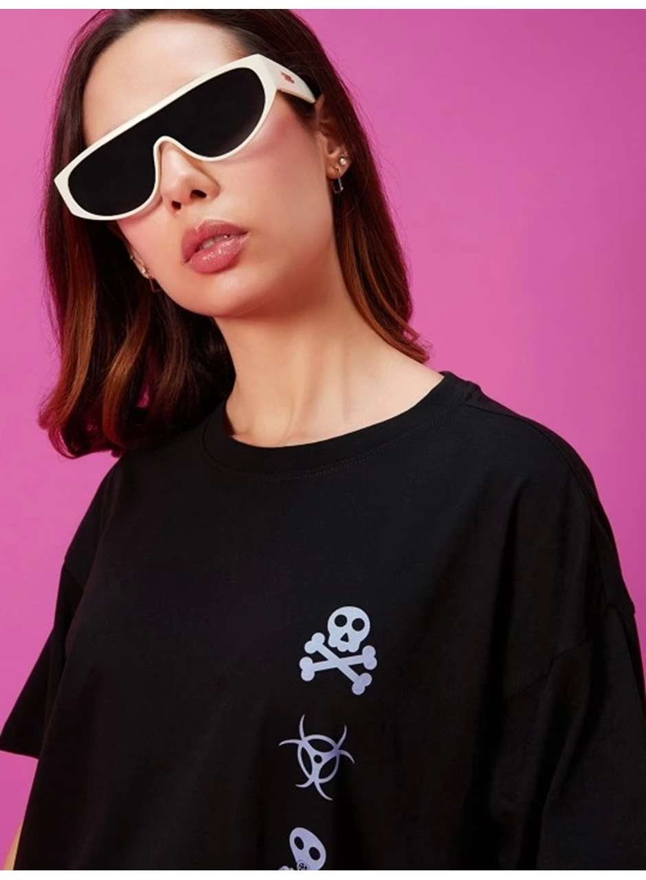 Baskılı Oversize T-shirt - Siyah