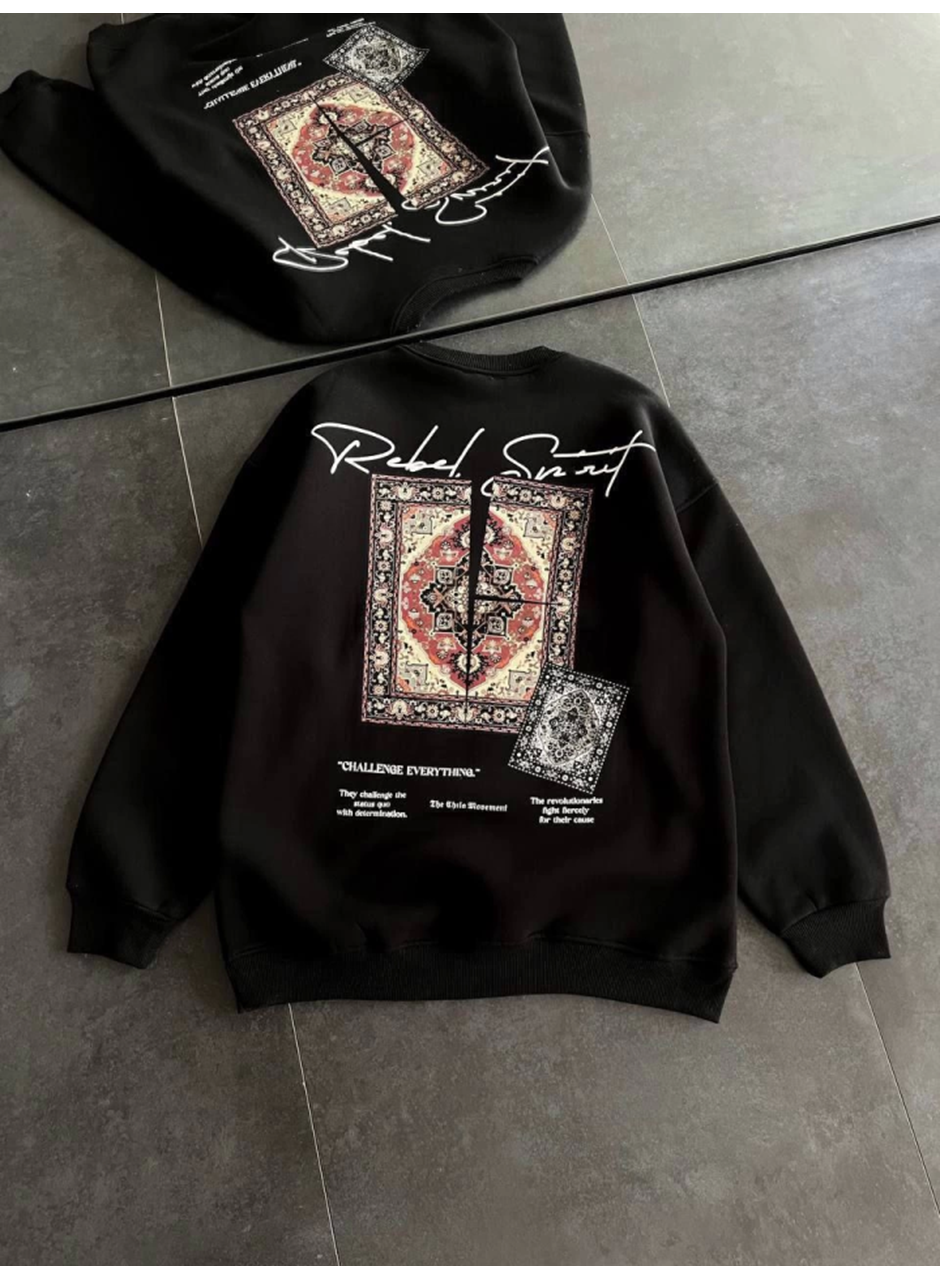 Bisiklet Yaka Baskılı SweatShirt - Siyah
