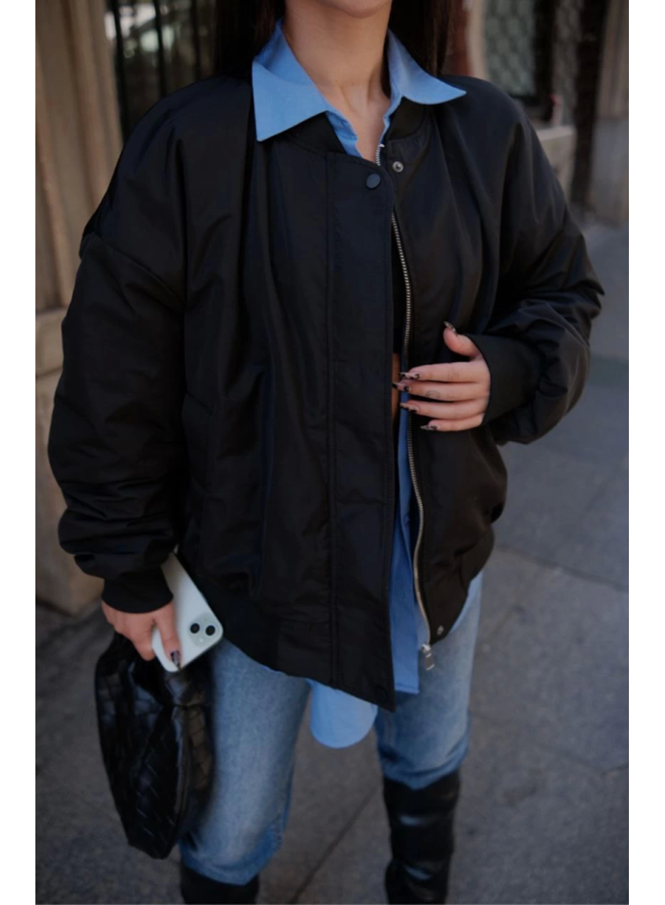 Cepli Bomber Ceket Mont - Siyah
