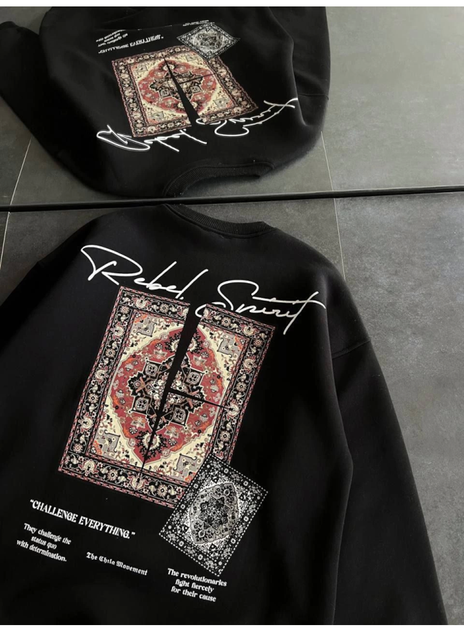 Bisiklet Yaka Baskılı SweatShirt - Siyah