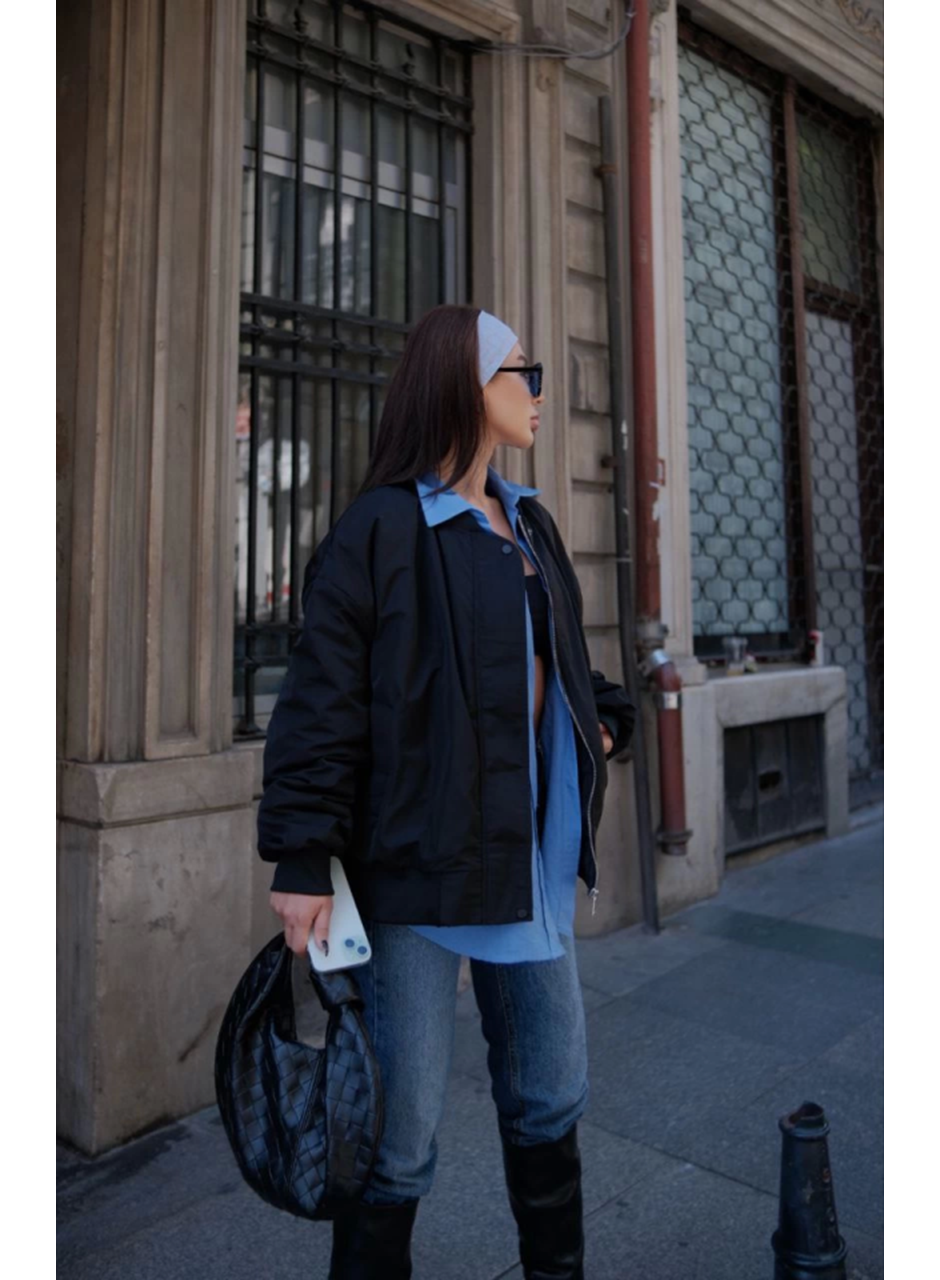 Cepli Bomber Ceket Mont - Siyah