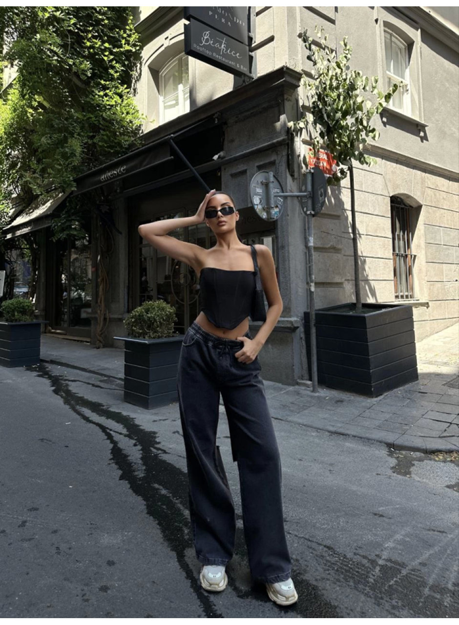 Arkadan Yırtmaçlı Jeans Kot Palazzo Pantolon - Siyah