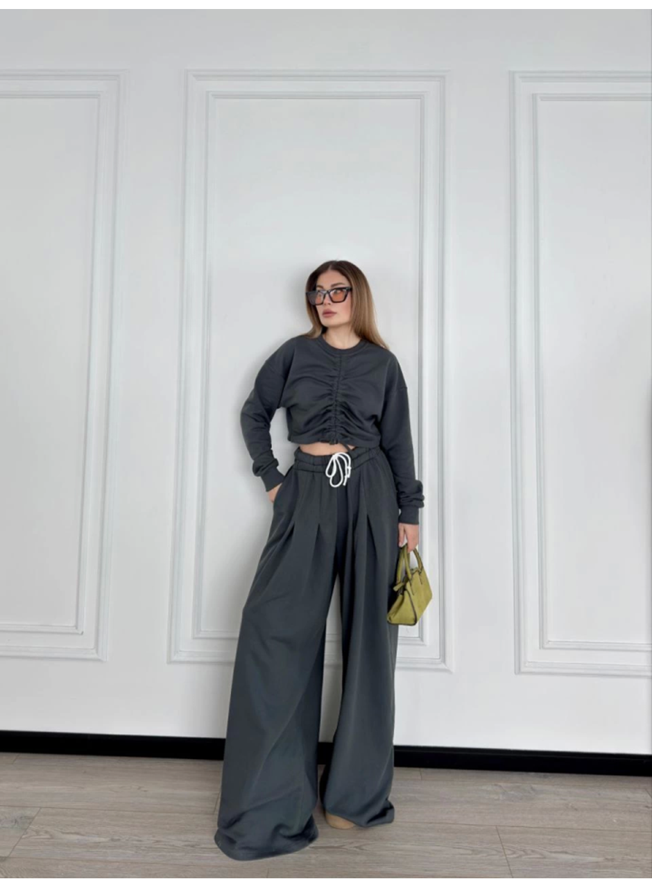 Uzun Kollu Önü İp Büzgülü Crop Ve Pantolon İkili Takım - Antrasit
