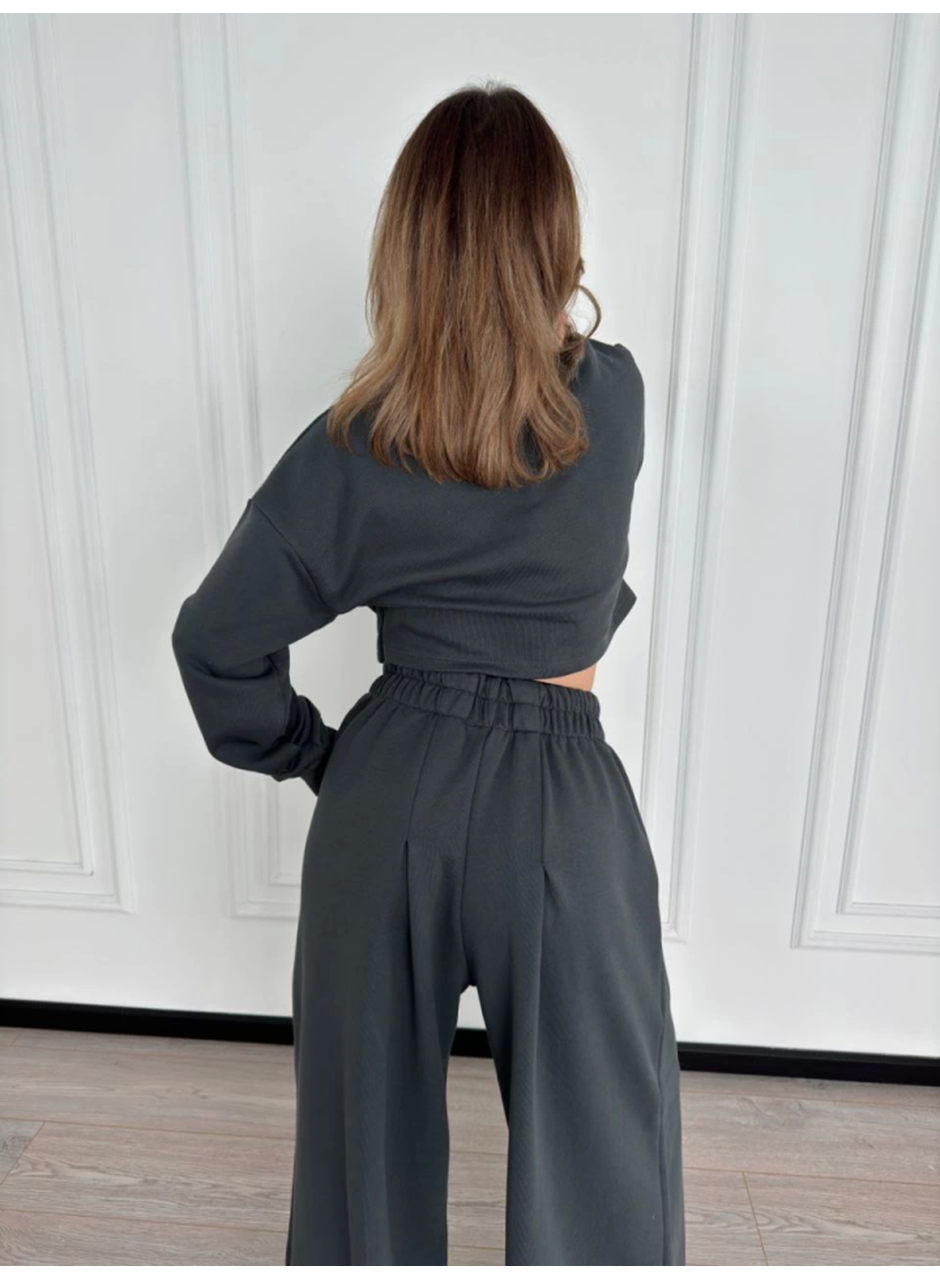 Uzun Kollu Önü İp Büzgülü Crop Ve Pantolon İkili Takım - Antrasit